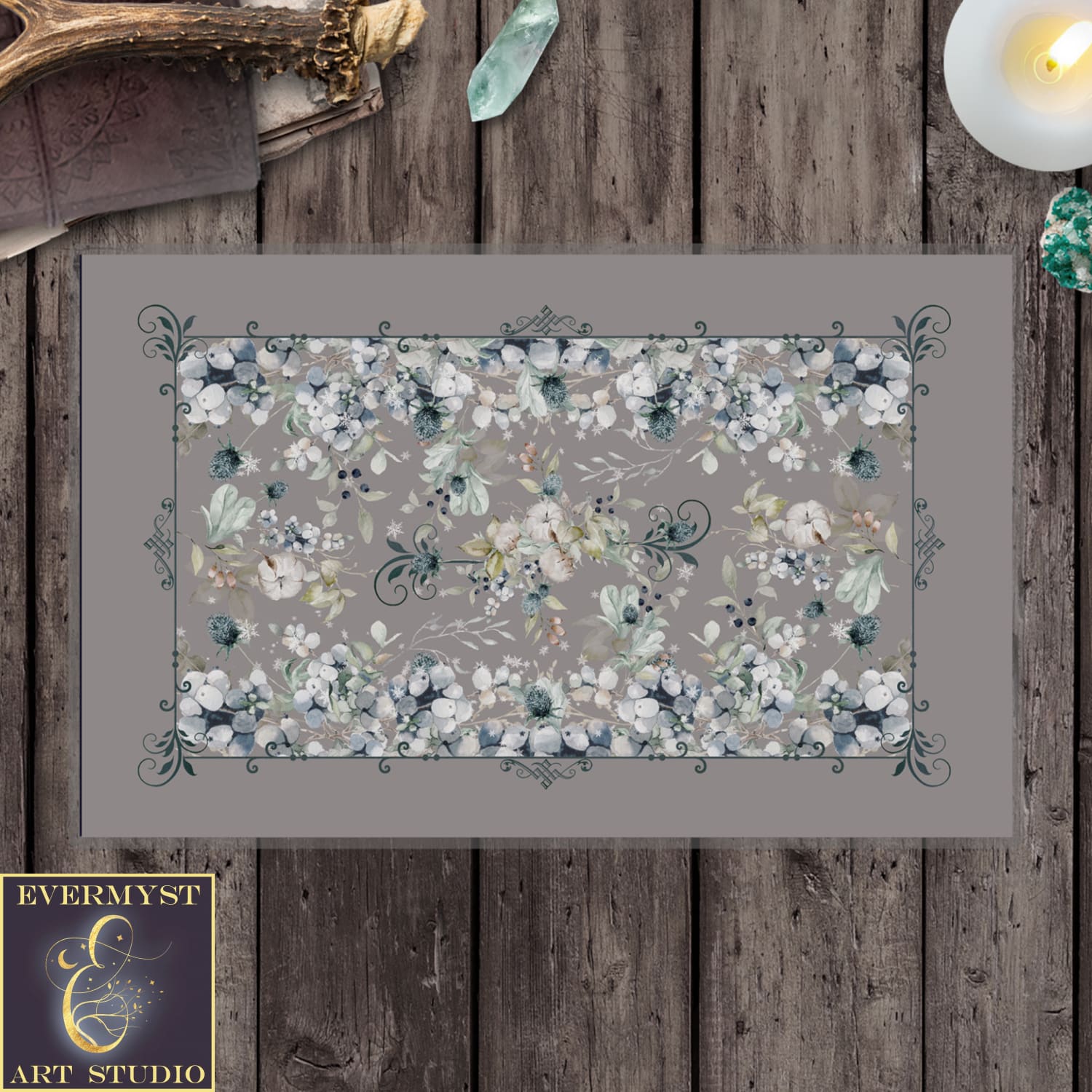 Winter Berries And Thistle Altar Cloth - Grey Botanical Tarot Reading Mat Rec