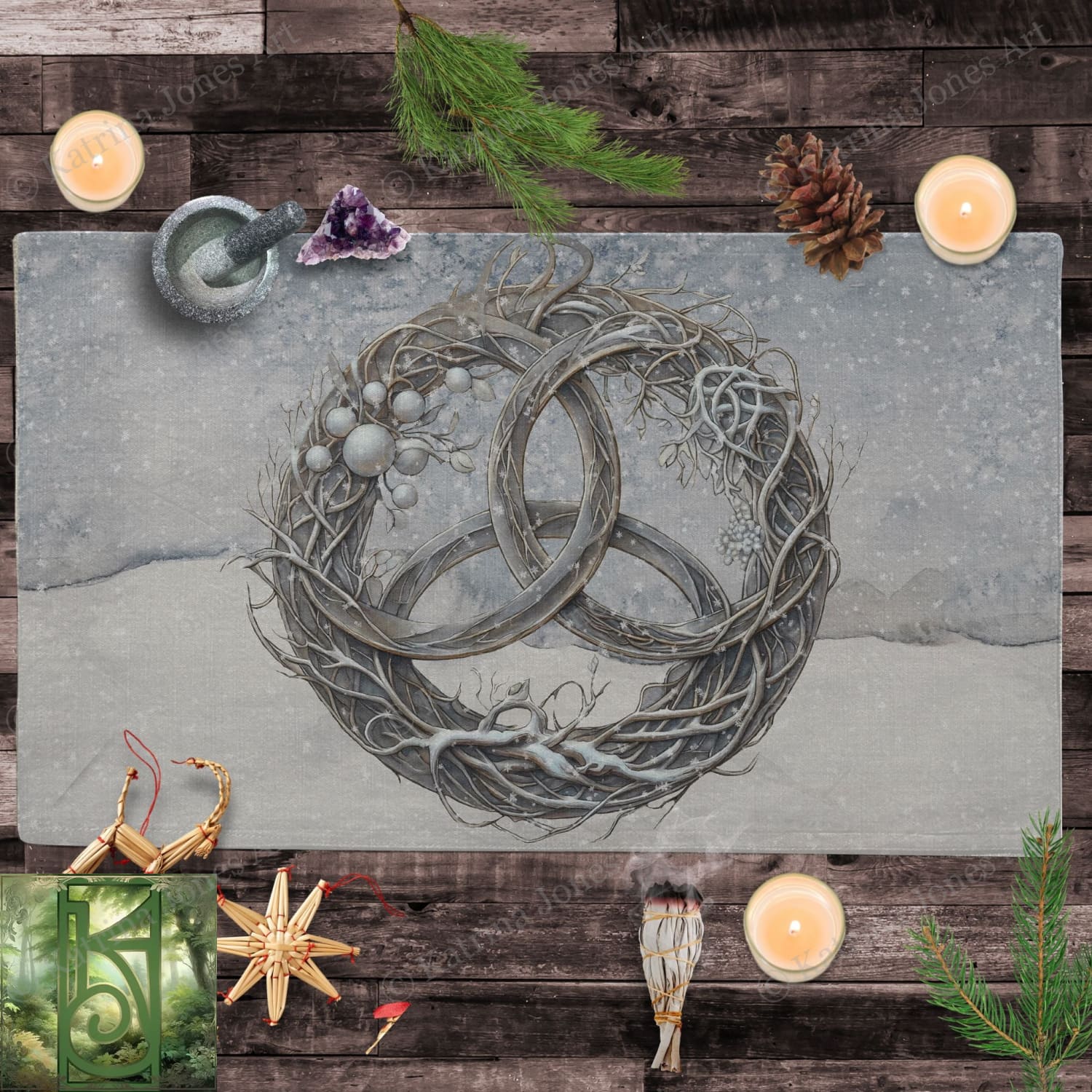 a place mat with a picture of two wedding rings on it