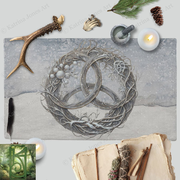 a painting of two rings surrounded by candles and other items