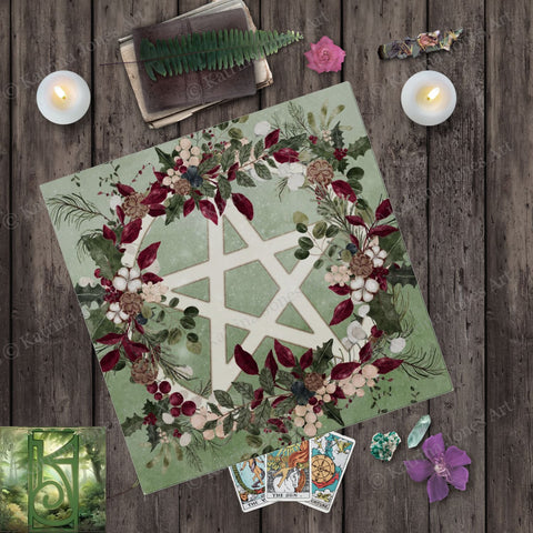 Pentacle Altar Cloth - Yule Winter Greens Witch Decor Square