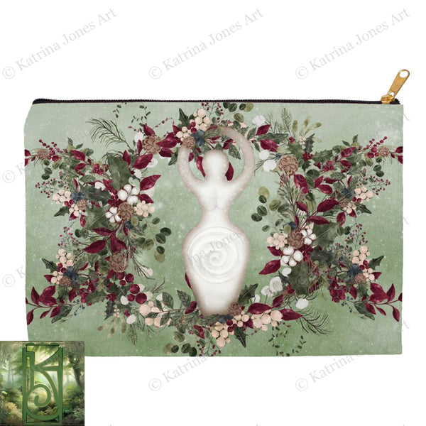 Winter Greens Yule Goddess Accessory Pouches Vintage Design Witch Wicca Pagan Decor Zippered Tarot