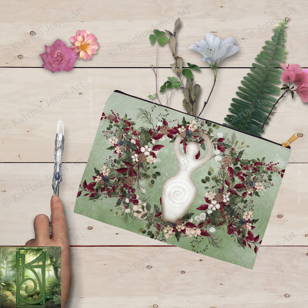 Winter Greens Yule Goddess Accessory Pouches Vintage Design Witch Wicca Pagan Decor Zippered Tarot