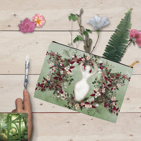 Winter Greens Yule Goddess Accessory Pouches Vintage Design Witch Wicca Pagan Decor Zippered Tarot