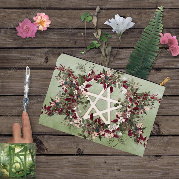 Winter Greens Yule Pentacle Accessory Pouches Vintage Design Witch Wicca Pagan Decor Zippered Tarot