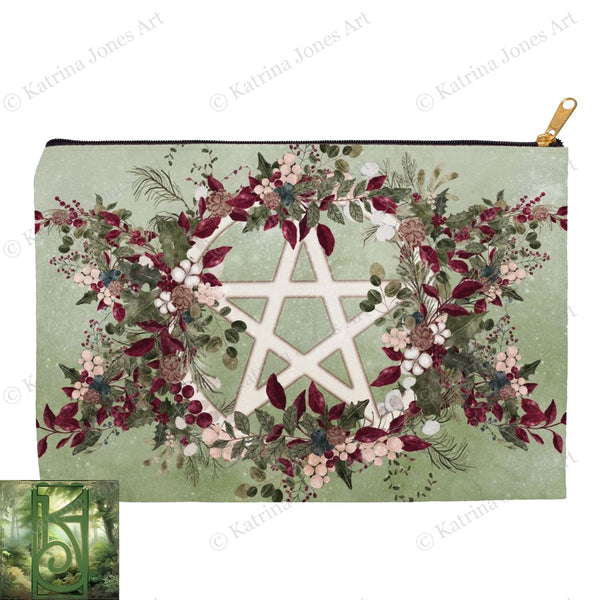 Winter Greens Yule Pentacle Accessory Pouches Vintage Design Witch Wicca Pagan Decor Zippered Tarot
