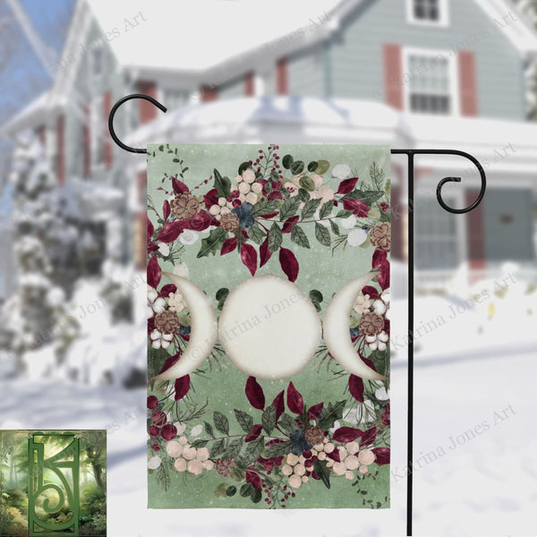 Winter Greens Yule Triple Moon Garden Flag