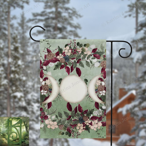 Winter Greens Yule Triple Moon Garden Flag