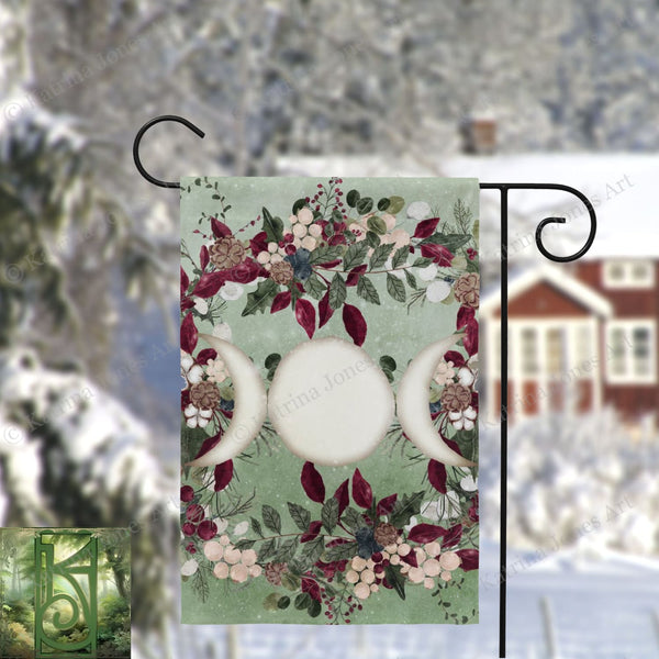 Winter Greens Yule Triple Moon Garden Flag