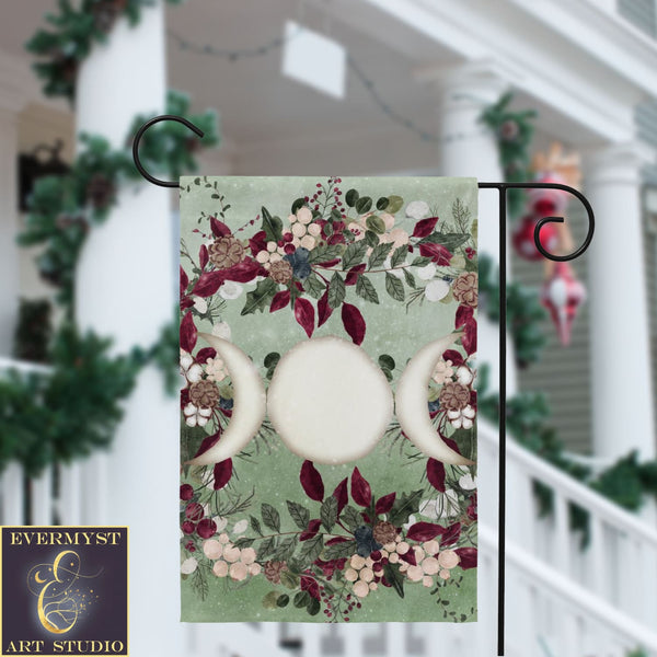 Winter Greens Yule Triple Moon Garden Flag