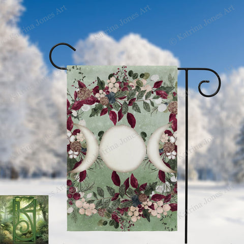 Winter Greens Yule Triple Moon Garden Flag
