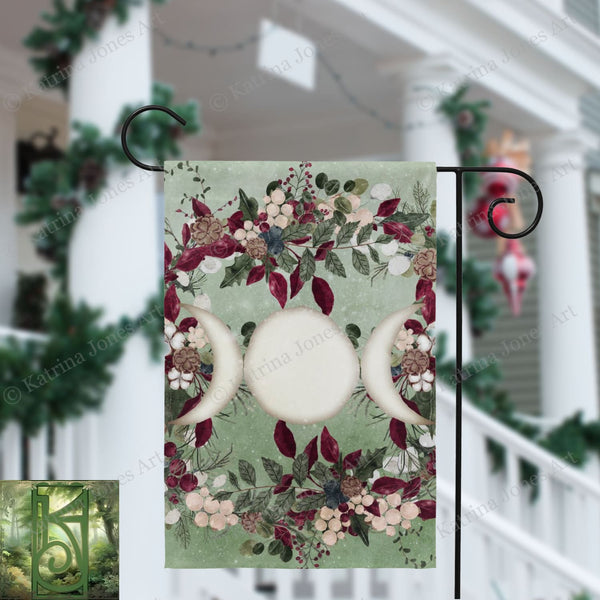 Winter Greens Yule Triple Moon Garden Flag