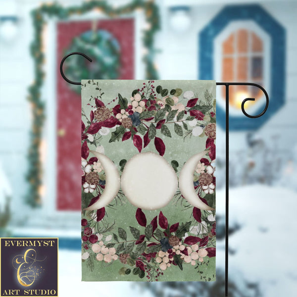 Winter Greens Yule Triple Moon Garden Flag