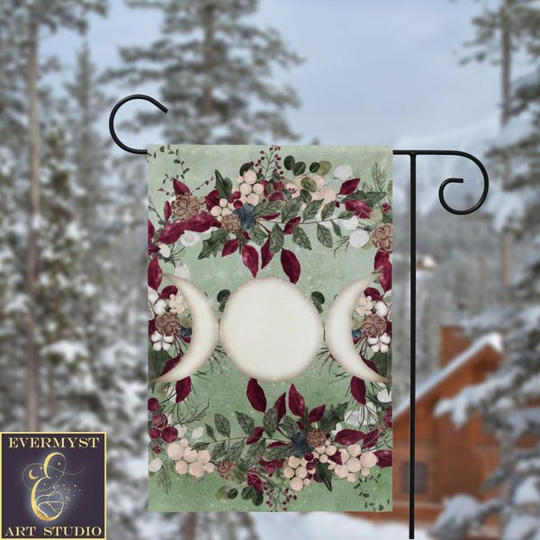 Winter Greens Yule Triple Moon Garden Flag