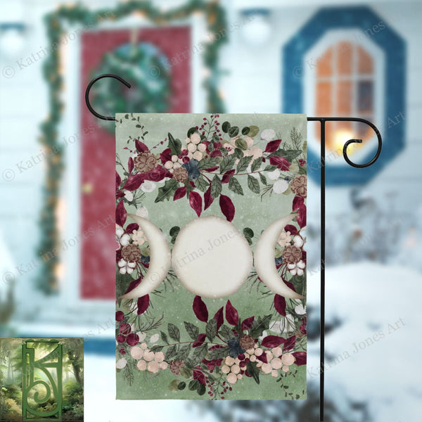 Winter Greens Yule Triple Moon Garden Flag