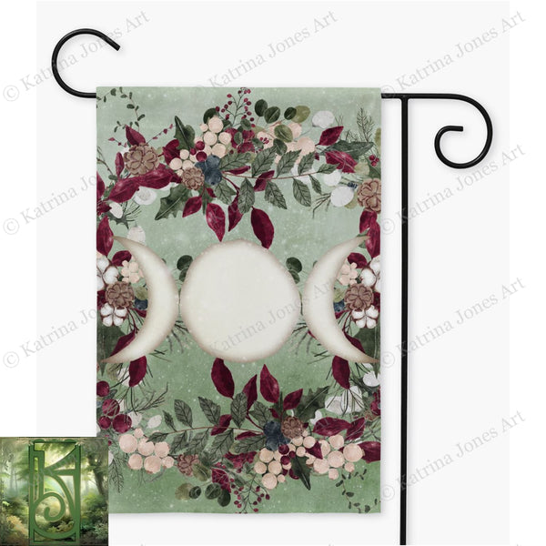 Winter Greens Yule Triple Moon Garden Flag