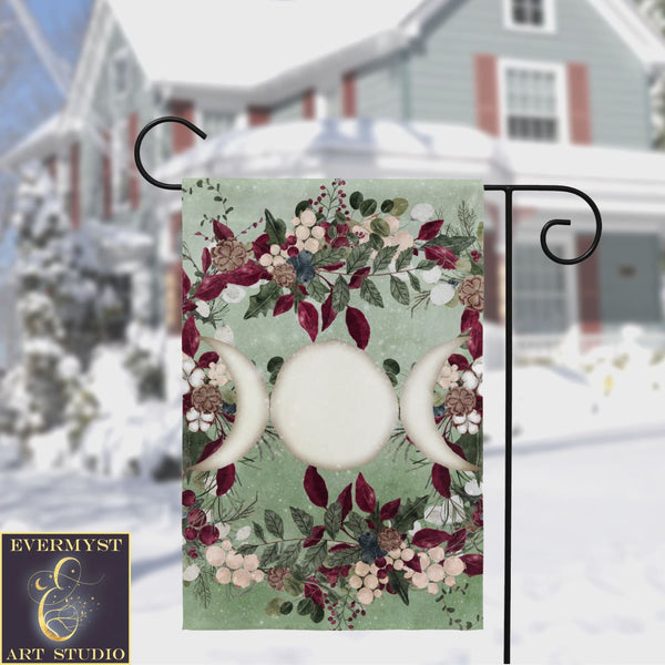 Winter Greens Yule Triple Moon Garden Flag