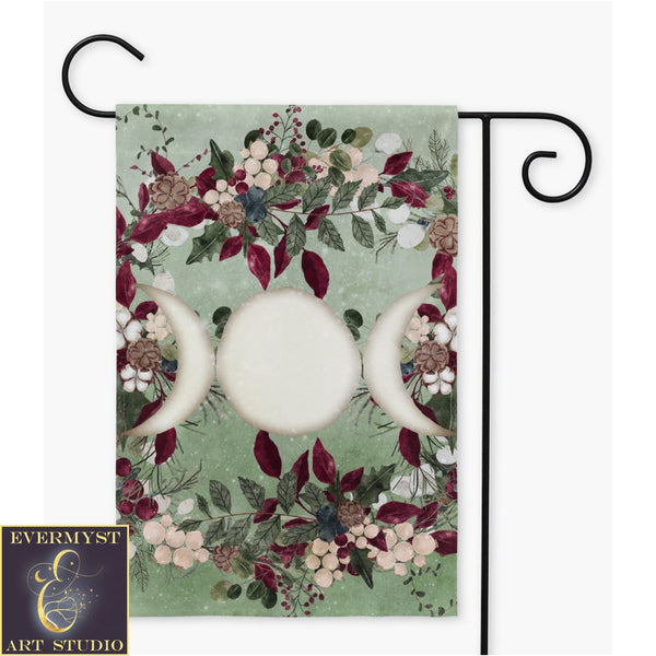 Winter Greens Yule Triple Moon Garden Flag