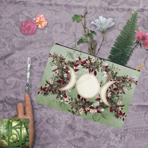 Winter Greens Yule Triple Moon Accessory Pouches Vintage Design Witch Wicca Pagan Decor Zippered