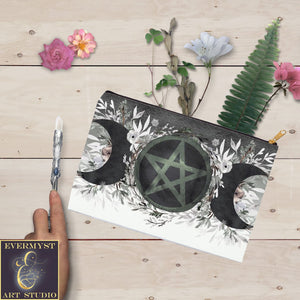 Winter Moon Pentacle Accessory Pouches Witch Wicca Pagan Nature Design Zippered Tarot Bag Pouch