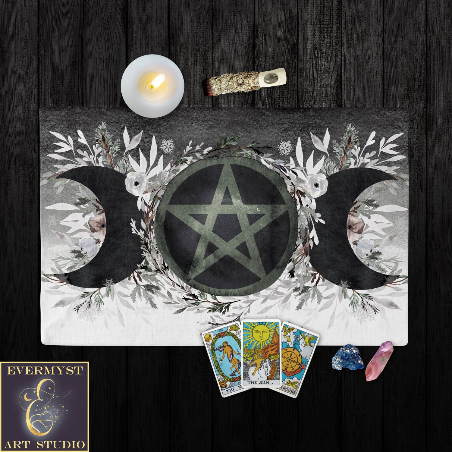 Winter Moon Pentacle Altar Cloth - Witch Pagan Tarot Cotton Twill Rec