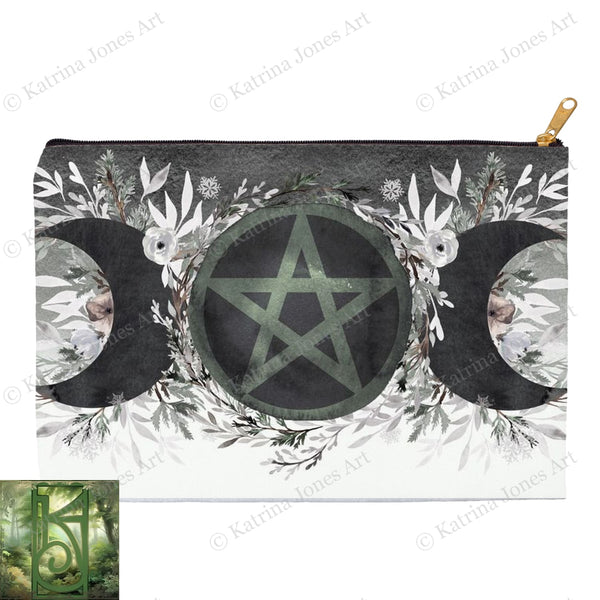 Winter Moon Pentacle Accessory Pouches Witch Wicca Pagan Nature Design Zippered Tarot Bag Pouch