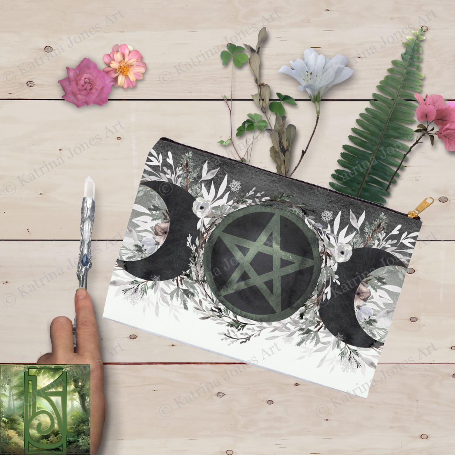 Winter Moon Pentacle Accessory Pouches Witch Wicca Pagan Nature Design Zippered Tarot Bag Pouch