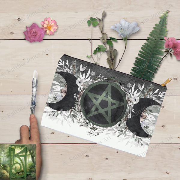 Winter Moon Pentacle Accessory Pouches Witch Wicca Pagan Nature Design Zippered Tarot Bag Pouch