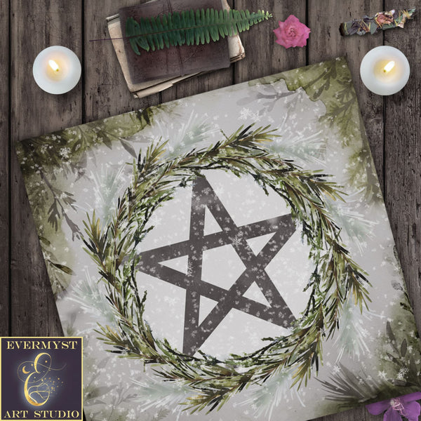 Winter Pentacle Altar Cloth - Tarot Reading Mat Yule Witch Vibe Decor Square