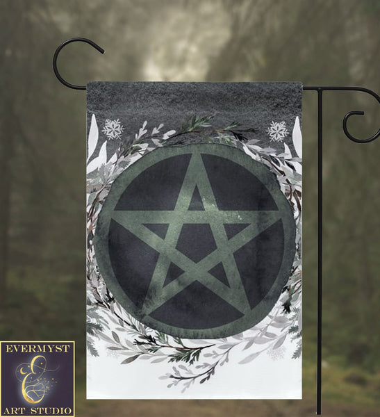 Winter Pine Pentacle Garden Flag - Pagan Yule Decor