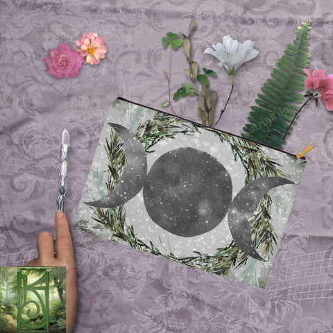 Yule Triple Moon Accessory Pouches Witch Wicca Pagan Nature Design Zippered Tarot Bag Pouch