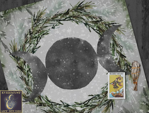 Winter Solstice Altar Cloth For Tarot Readings With Yule Snow Moon Design 22X22 Inch Twill Square