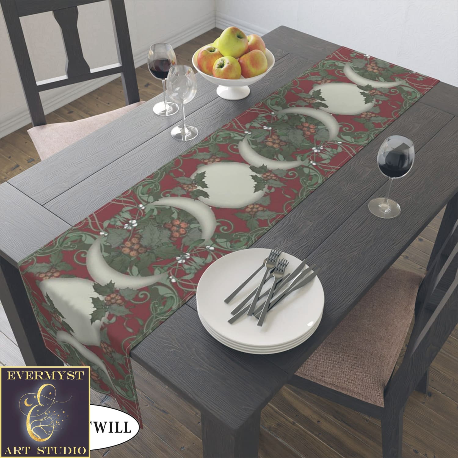 Winter Solstice Table Runner - Holly Triple Moon Tarot Reading Mat