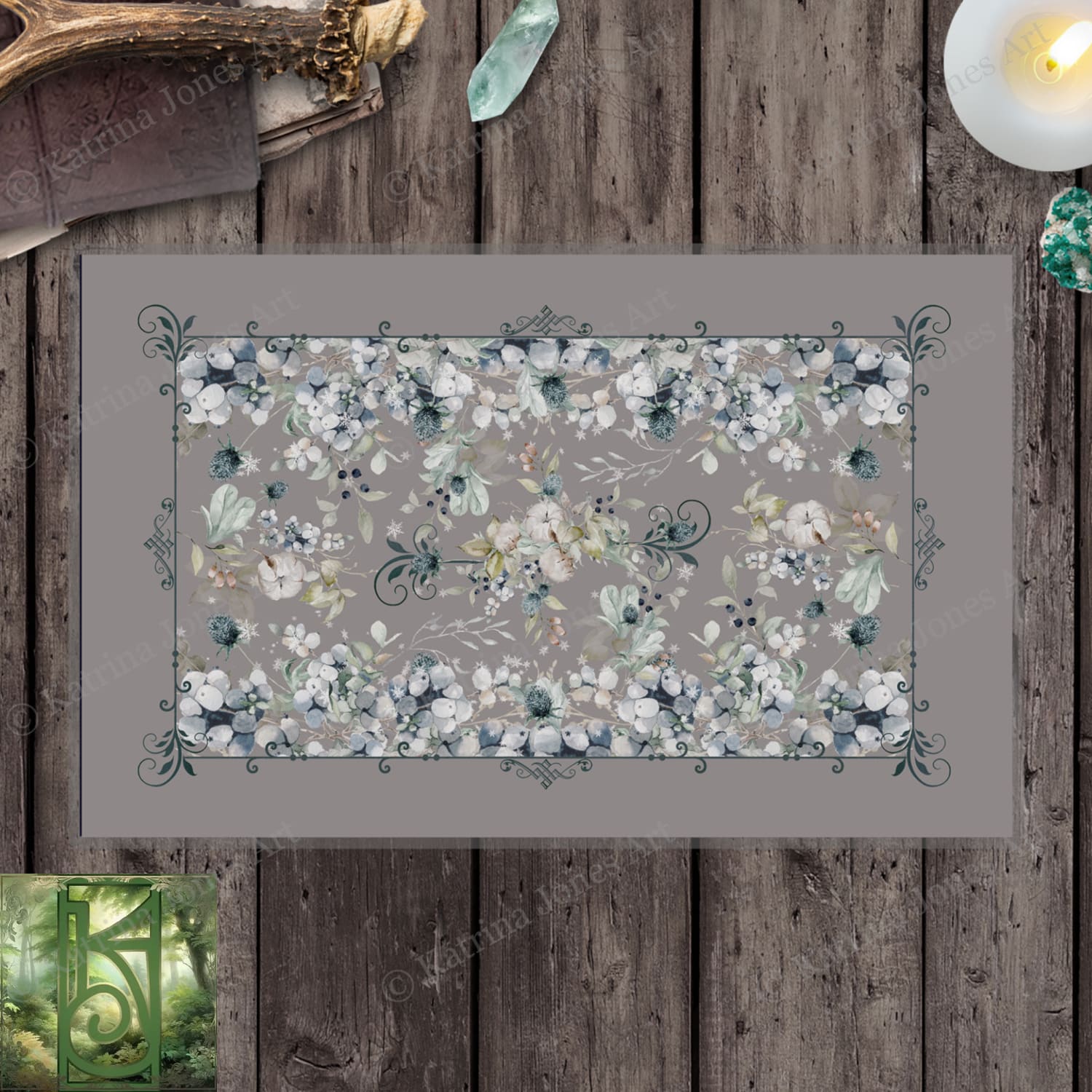 Winter Berries And Thistle Altar Cloth - Grey Botanical Tarot Reading Mat Rec