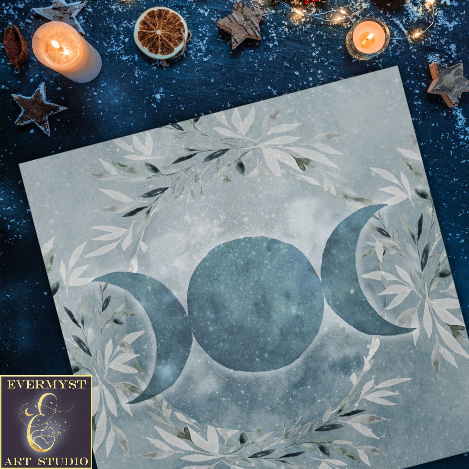 Winter Triple Moon Altar Cloth - Blue Ice Witch Vibe Decor Square