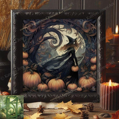 a picture frame with a picture of a witch and pumpkins