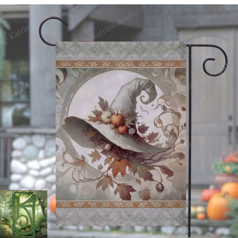 a flag with a hat on it hanging from a pole