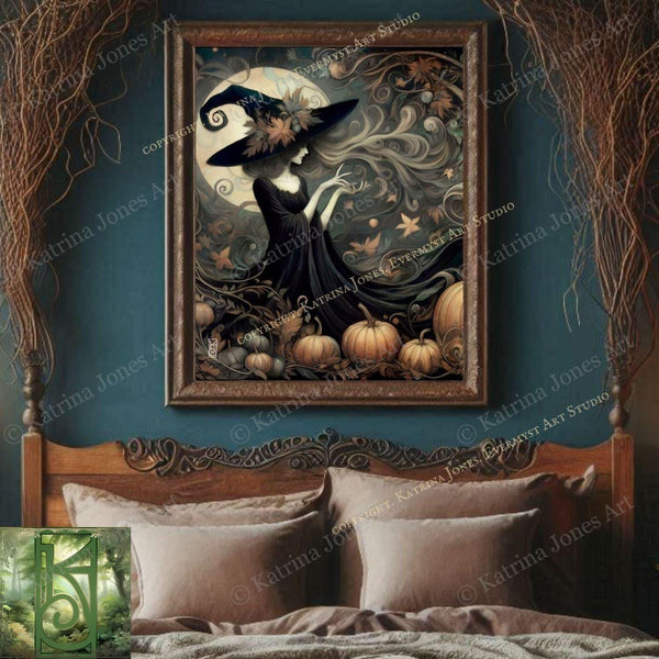 a painting a fall witch with pumpkins