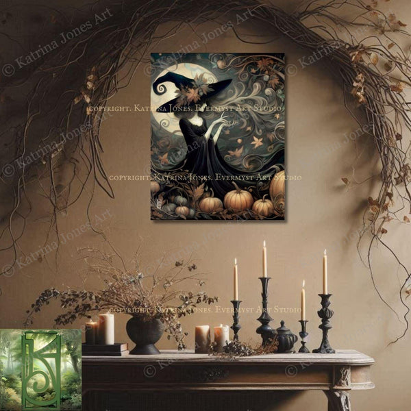 a table with candles and a painting of a witch