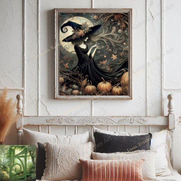 a bed with a picture of a witch on it