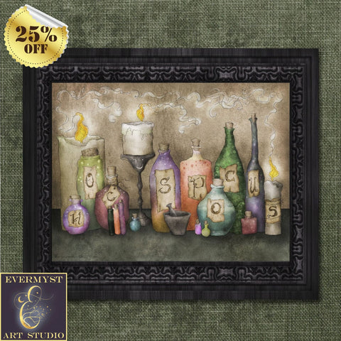 Witch Magic Potion Bottles Art Print Hocus Pocus Cute Whimsical Illustration