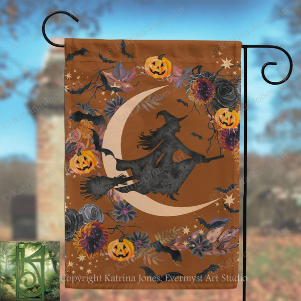A Halloween-themed banner featuring a silhouetted witch on a broomstick flying over a crescent moon, surrounded by pumpkins, flowers, and bats.