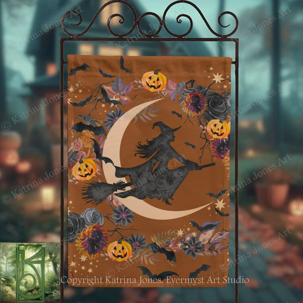 A Halloween-themed banner featuring a silhouetted witch on a broomstick flying over a crescent moon and various Halloween-themed elements such as pumpkins, bats, and flowers.