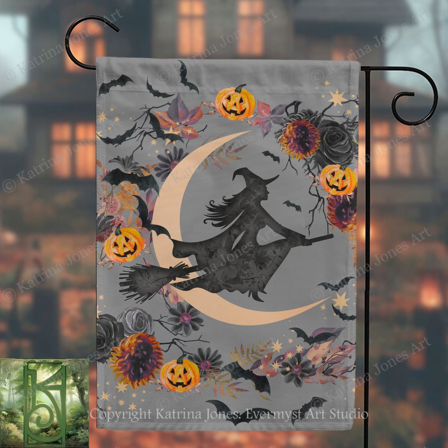 A Halloween-themed banner featuring a silhouetted witch on a broomstick flying over a crescent moon, surrounded by pumpkins, bats, and flowers.