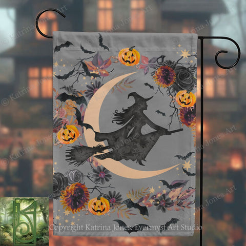 A Halloween-themed banner featuring a silhouetted witch on a broomstick flying over a crescent moon, surrounded by pumpkins, bats, and flowers.