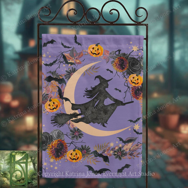 A Halloween-themed banner featuring a silhouetted witch on a broomstick flying over a crescent moon and pumpkin flowers, with bats and jack-o-lanterns scattered throughout the design.