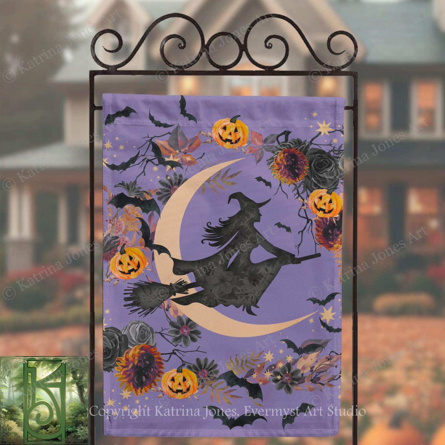 A Halloween-themed banner featuring a silhouetted witch on a broomstick flying over a crescent moon, surrounded by pumpkins, bats, and flowers.