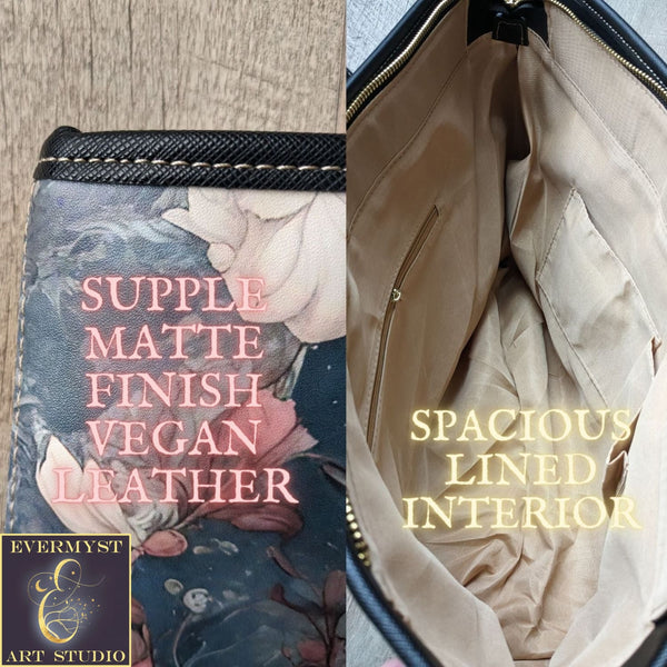 a handbag with the words supple mate finish vegan leather on it