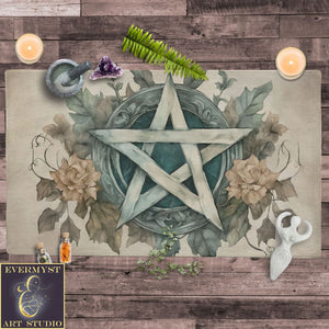 a placemat with a pentagram surrounded by flowers and candles