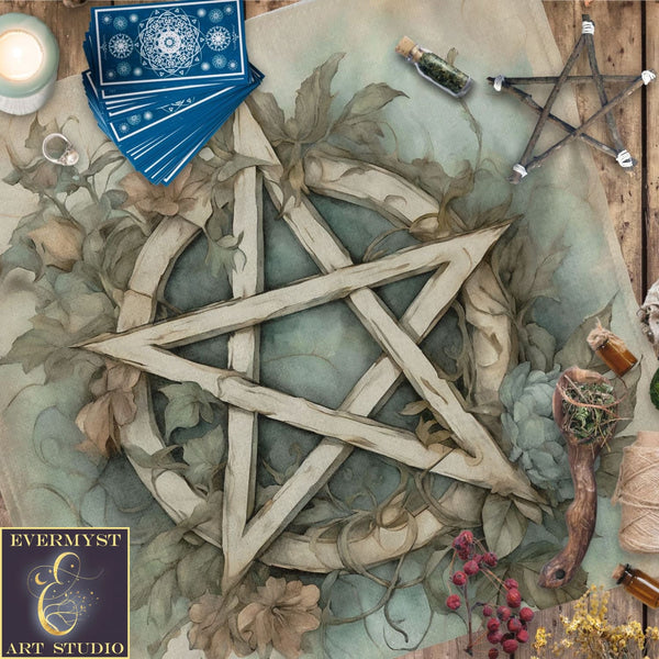 a painting of a pentagram surrounded by other items