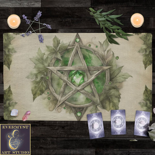 a place mat with a pentagramil surrounded by candles